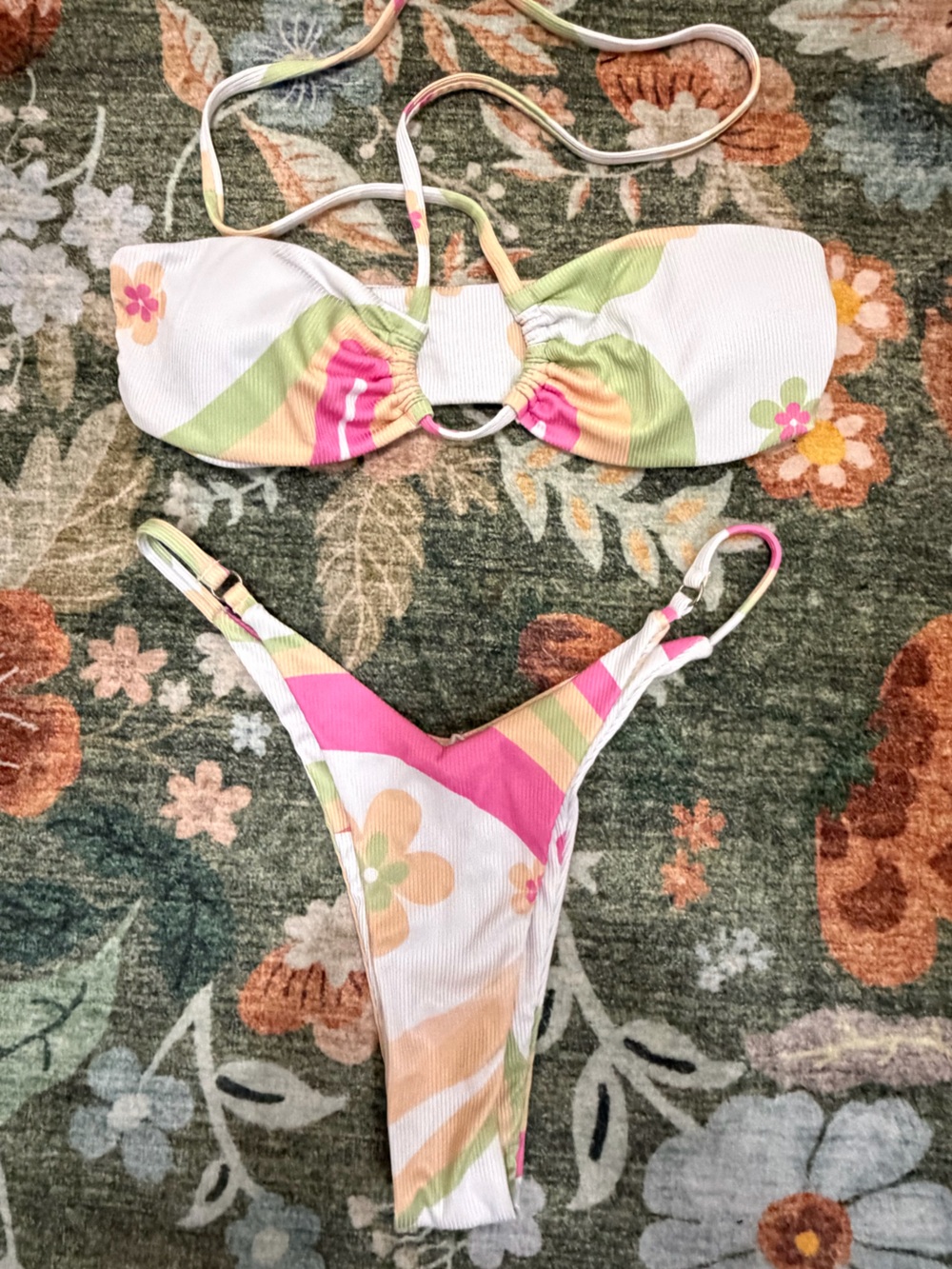 Zaful Floral Stripe Bandeau Bikini - Pink, Green & Yellow